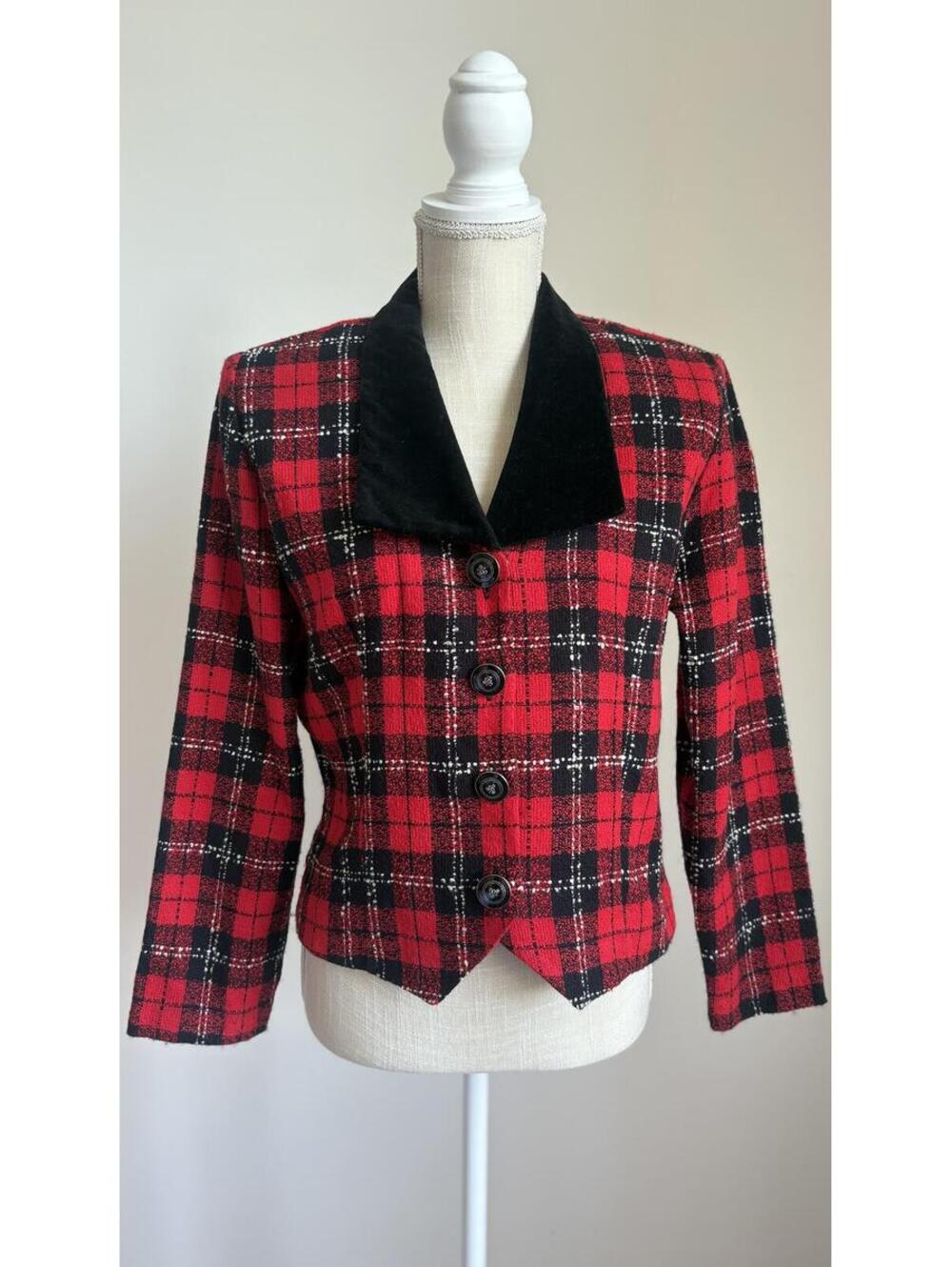 VINTAGE Petite Plaid With Velvet Collar Cropped Blazer 10P